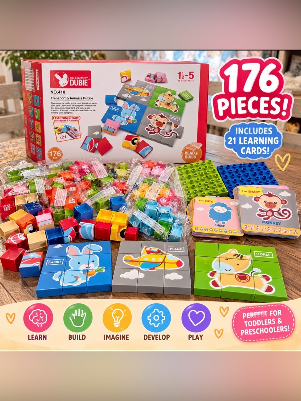 New Dubie Educational Puzzle Blocks Learning Cards Animals Transportation 176 Pc